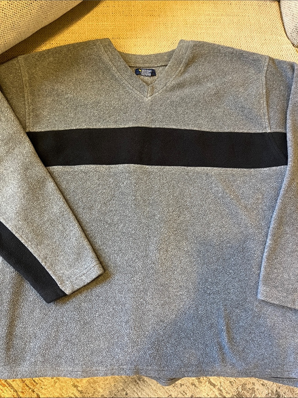Men's V-Neck Sweater in Heather Gray with Black Stripe